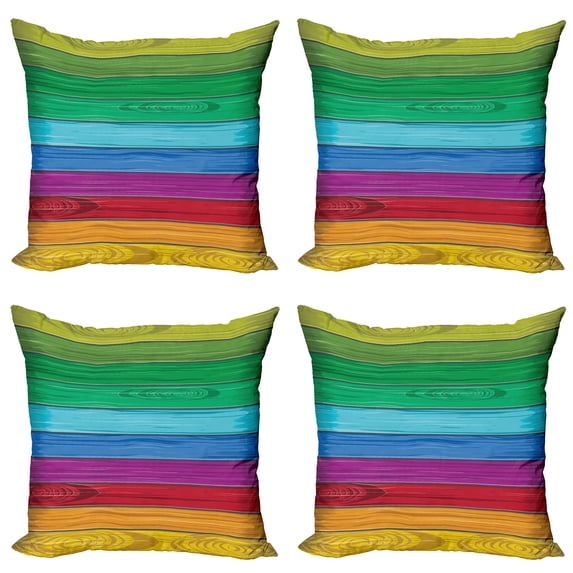 Ambesonne Rainbow Throw Pillow Cover 4 Pack, Colorful Wood Stripes, 18", Multicolor