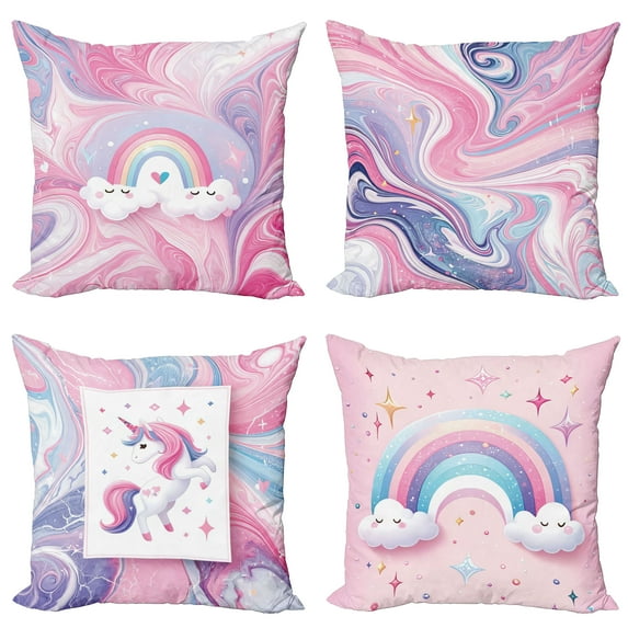 Ambesonne Rainbow Throw Pillow Cover 4 Pack, Waving Marble Print Unicorn, 24", Pink Lilac and Ceil Blue
