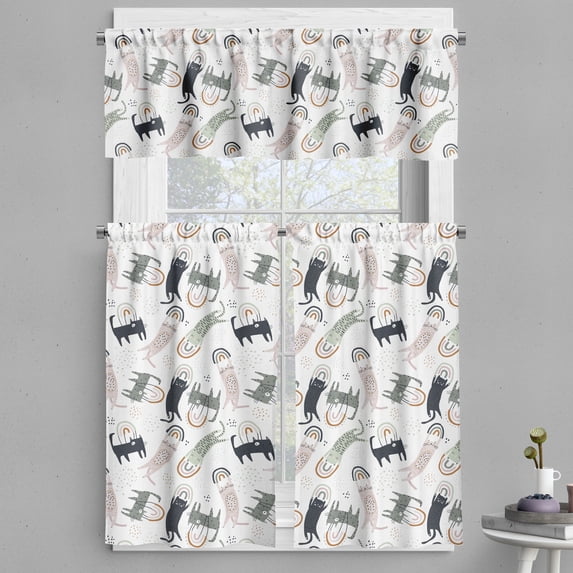 Ambesonne Rainbow Valance & Curtain, Funny Happy Cats Dots Art, 55"x24", Pale Eggshell and Dark Grey