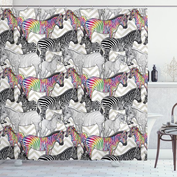 Ambesonne Rainbow Zebra Shower Curtain, Funky Animal Chevrons, 69"Wx84"L, Grey Yellow Multicolor