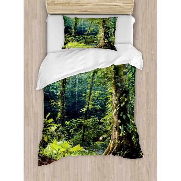 Ambesonne Rainforest Duvet Cover Set, Wild Ivy on Trees, Twin, Green Brown