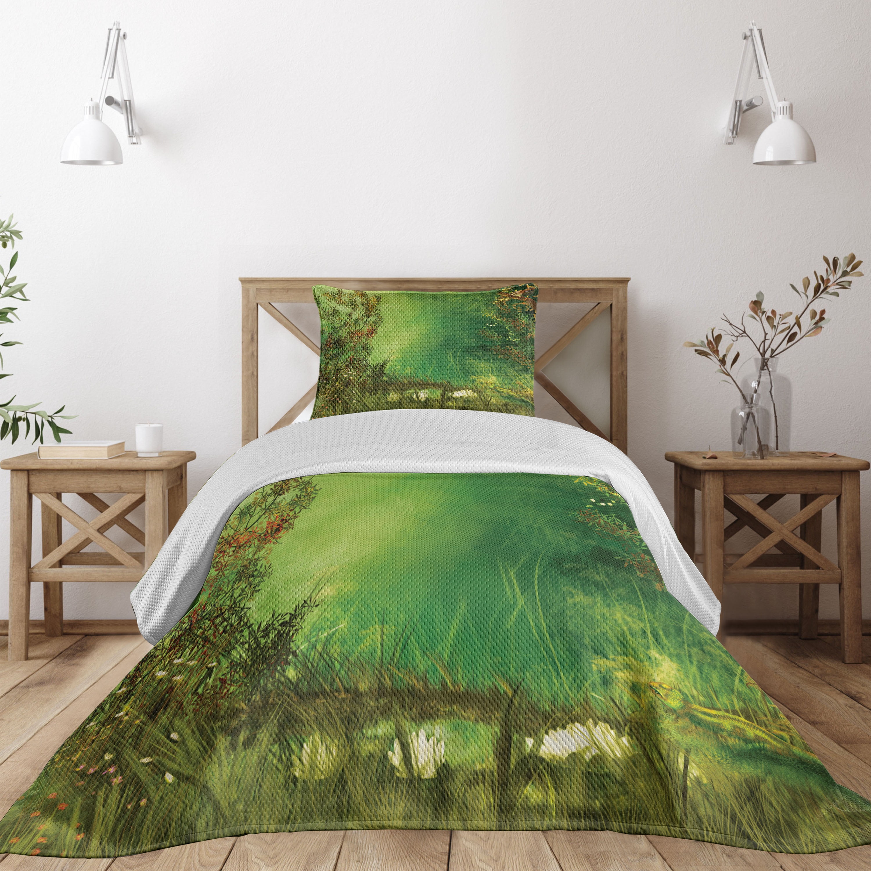Green Nature Print Twin Quilted Bedspread Set
