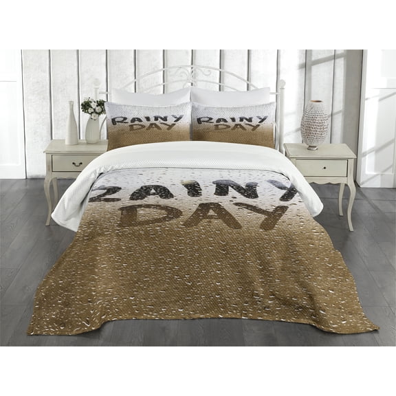 Ambesonne Rainy Day Quilted Bedspread Set 3 Pcs, Blurred Rain Drops Photo, Queen Size, Camel White