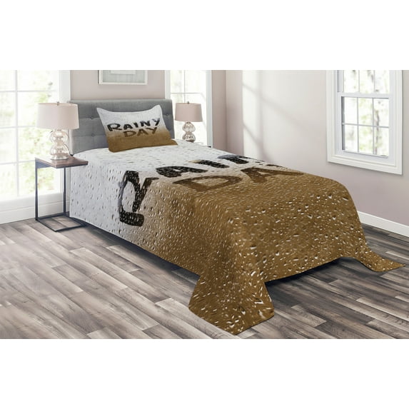 Ambesonne Rainy Day Quilted Coverlet 2 Pcs, Blurred Rain Drops Photo, Twin Size, Camel White
