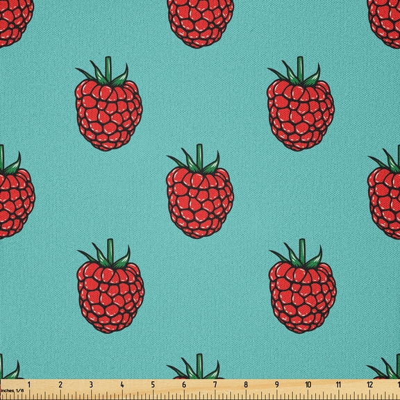Ambesonne Raspberry Fabric by the Yard Microfiber, Berries Summer Feels Art, 5 Yards, Turquoise Vermilion