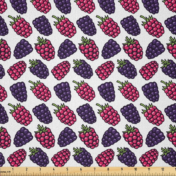 Ambesonne Raspberry Fabric by the Yard Microfiber, Digital Sketch Fruits, 1 Yard, Quartz Pink and White