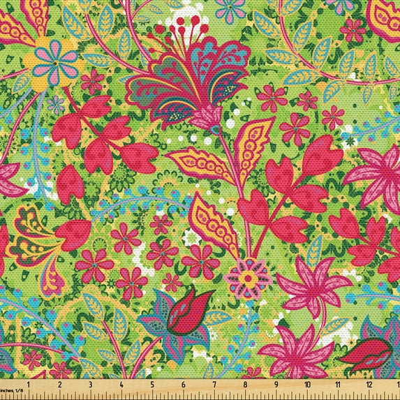 Ambesonne Raspberry Fabric by the Yard Upholstery, Bohemian Garden Flowers, 10 Yards, Apple Green and Magenta