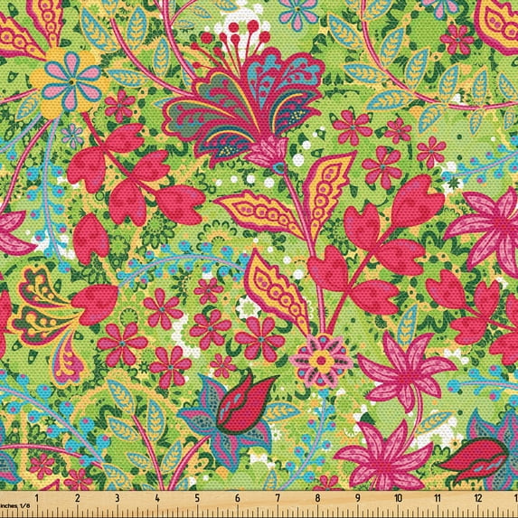 Ambesonne Raspberry Fabric by the Yard Upholstery, Bohemian Garden Flowers, 5 Yards, Apple Green and Magenta
