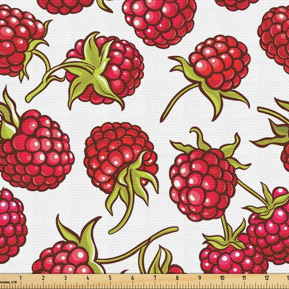 Ambesonne Raspberry Fabric by the Yard Upholstery, Cartoonish Drawn Fruit, 1 Yard, Dark Pink Apple Green