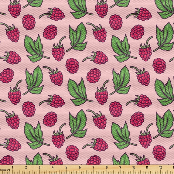 Ambesonne Raspberry Fabric by the Yard Upholstery, Exotic Summer Garden Art, 3 Yards, Rose Magenta Lime Green