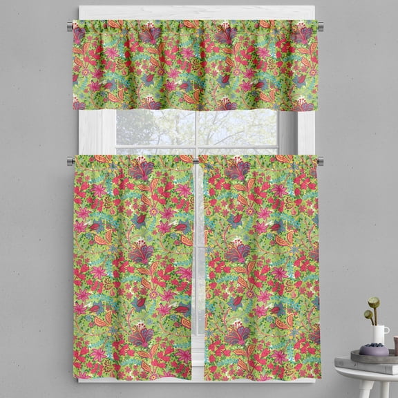 Ambesonne Raspberry Valance & Curtain, Bohemian Garden Flowers, 55"x30", Apple Green and Magenta