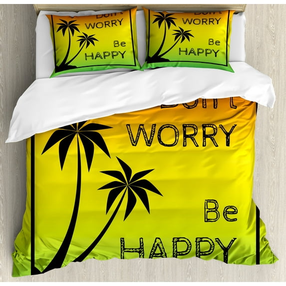 Ambesonne Rasta Duvet Cover Sets, Positive Music Lettering, 2-Queen, Lime Green Yellow Black