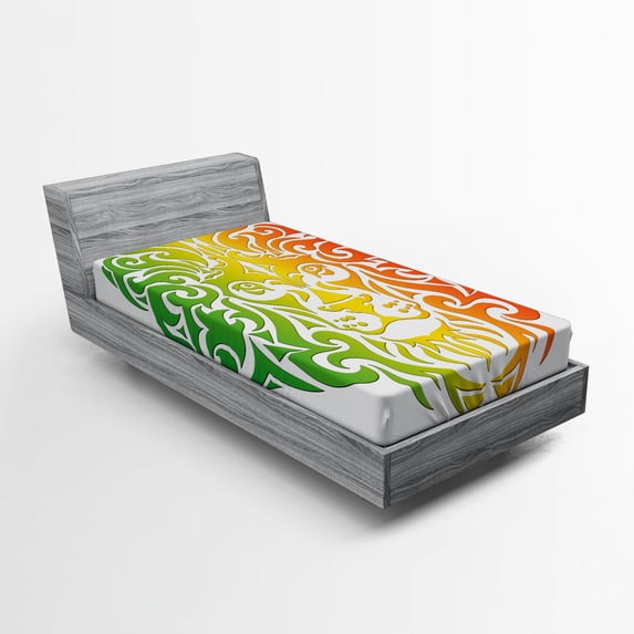 Ambesonne Rasta Fitted Sheet, Colorful Lion Portrait, Twin Size, Fern Green Orange