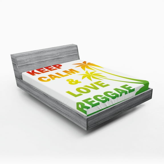 Ambesonne Rasta Fitted Sheet, Keep Calm Words Reggae, Queen Size, Pale Green Yellow