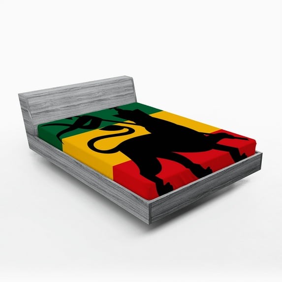 Ambesonne Rasta Fitted Sheet, Lion Reggae Striped Flag Art, Full Size, Yellow Black