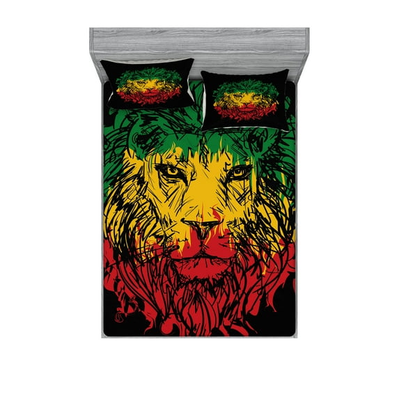 Ambesonne Rasta Fitted Sheet & Pillow Sham Set, Grunge Lion Head Portrait, Full, Pale Green and Yellow