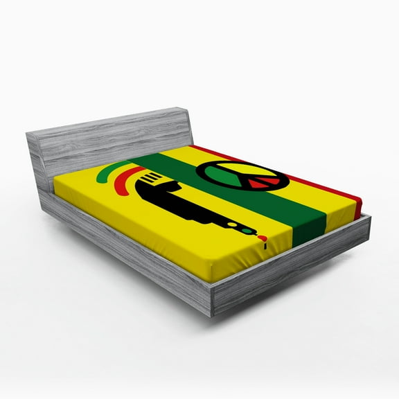 Ambesonne Rasta Fitted Sheet, Reggae Music Peace, Queen Size, Red Green Yellow