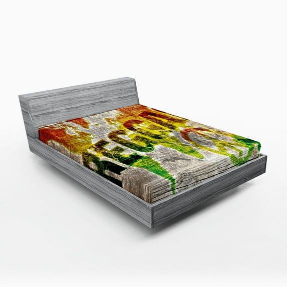 Ambesonne Rasta Fitted Sheet, World Map Reggae Words, Full Size, Pale Brown Orange