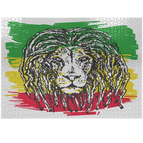 Ambesonne Rasta Jigsaw Puzzle Durable Cardboard, Hair Style Lion Portrait, 1000 pcs, Green Yellow and Red