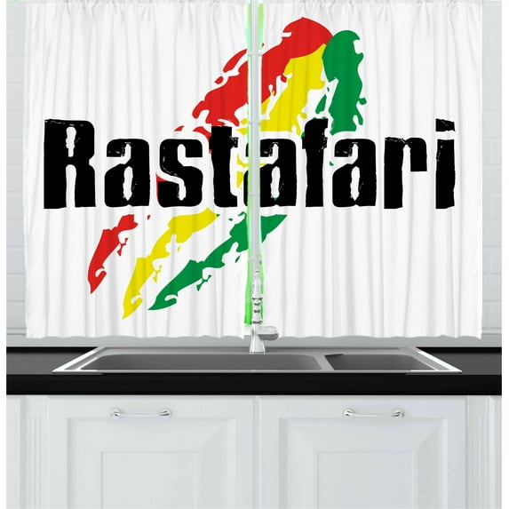 Ambesonne Rasta Kitchen Curtains, Grunge Rastafari Words, 55"x39", Red Green and Yellow