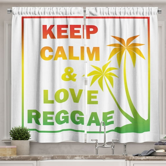 Ambesonne Rasta Kitchen Curtains, Keep Calm Words Reggae, 55"x39", Pale Green Yellow