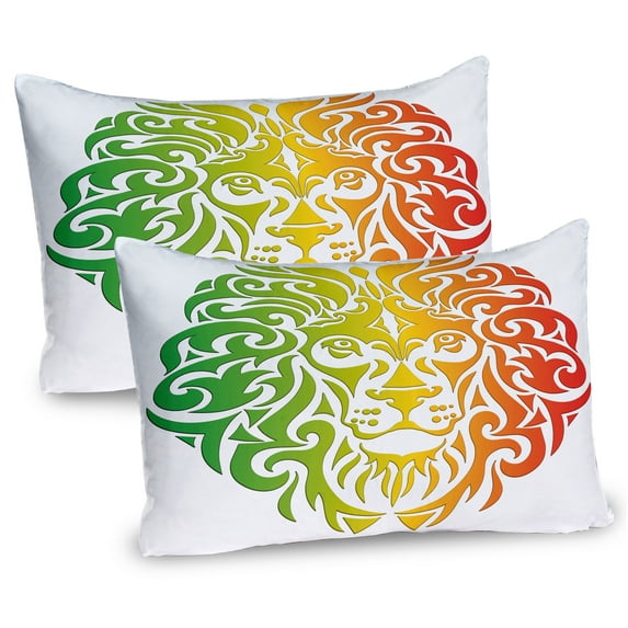 Ambesonne Rasta Pillow Sham 2 Pack, Colorful Lion Portrait, 36"x20", Fern Green Orange