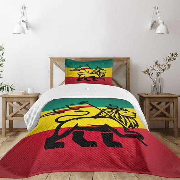 Ambesonne Rasta Quilted Bedspread Set 2 Pcs, Cultural Lion Rastafari Flag, Twin Size, Yellow and Black