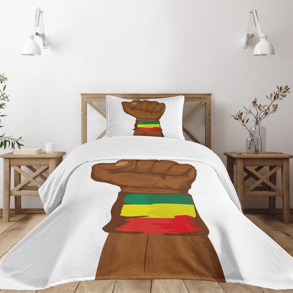 Ambesonne Rasta Quilted Bedspread Set 2 Pcs, Ethiopian Flag Colors, Twin Size, Yellow Brown
