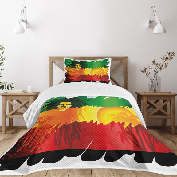 Ambesonne Rasta Quilted Bedspread Set 2 Pcs, Reggae Music Singer, Twin Size, Orange Yellow