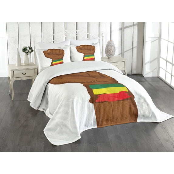 Ambesonne Rasta Quilted Bedspread Set 3 Pcs, Ethiopian Flag Colors, Queen Size, Yellow Brown