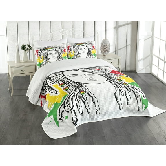 Ambesonne Rasta Quilted Bedspread Set 3 Pcs, Grunge Flag Colors Reggae, King Size, Red Marigold and Green