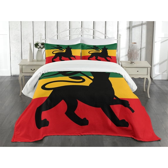 Ambesonne Rasta Quilted Bedspread Set 3 Pcs, Lion Reggae Striped Flag Art, King Size, Yellow Black