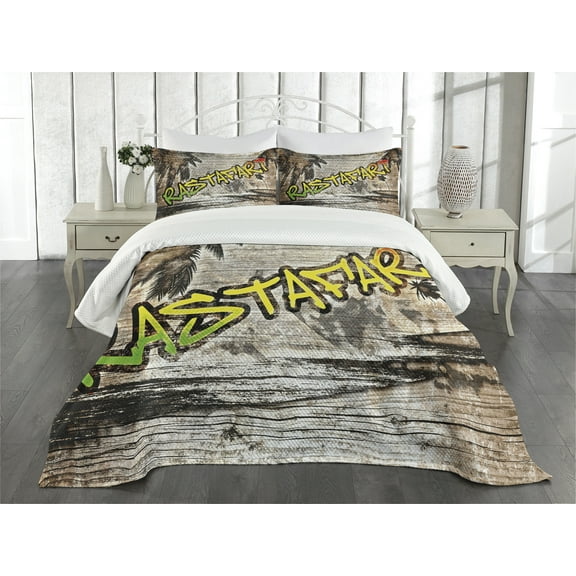 Ambesonne Rasta Quilted Bedspread Set 3 Pcs, Rastafari Street Graffiti, Queen Size, Pale Green Yellow