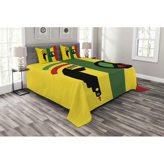 Ambesonne Rasta Quilted Bedspread Set 3 Pcs, Reggae Music Peace, King Size, Red Green Yellow