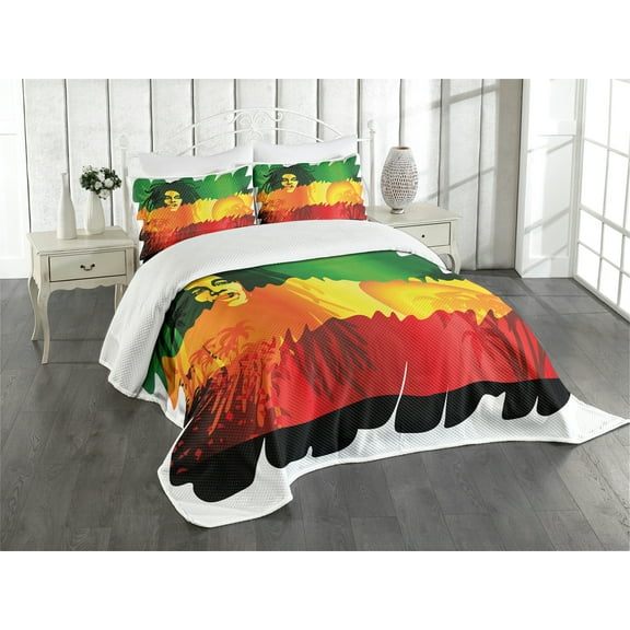 Ambesonne Rasta Quilted Bedspread Set 3 Pcs, Reggae Music Singer, King Size, Orange Yellow
