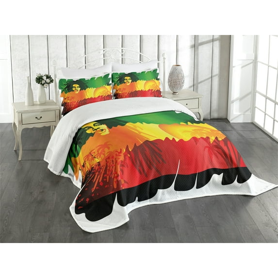 Ambesonne Rasta Quilted Bedspread Set 3 Pcs, Reggae Music Singer, King Size, Orange Yellow