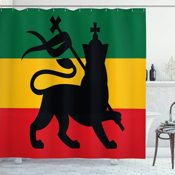Ambesonne Rasta Shower Curtain, Lion Reggae Striped Flag Art, 69"Wx84"L, Yellow Black