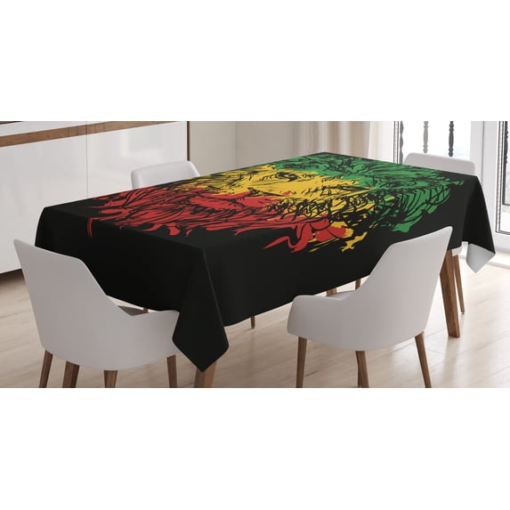 Ambesonne Rasta Tablecloth Rectangular Table Cover, Grunge Lion Head Portrait, 60"x84", Pale Green and Yellow