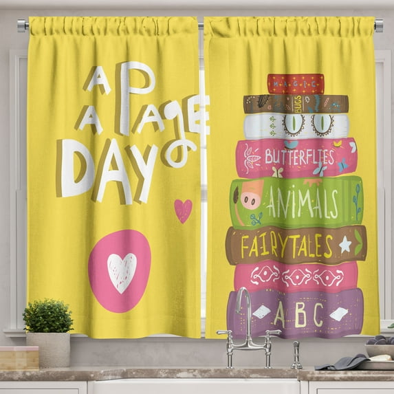 Ambesonne Reading Saying Kitchen Curtains, Colorful Page a Day, 55"x45", Mustard and Multicolor