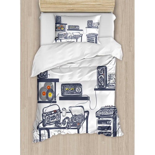 Ambesonne Recording Studio with Music Devices Turntable Records Speakers Digital Illustration Duvet Cover Set