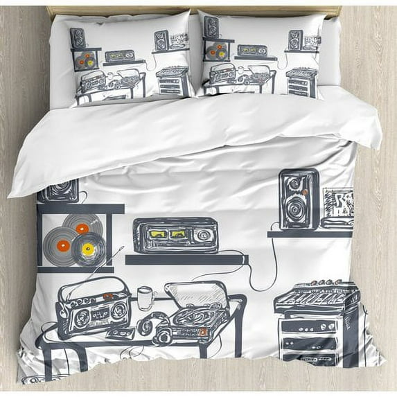 Ambesonne Recording Studio with Music Devices Turntable Records Speakers Digital Illustration Duvet Cover Set