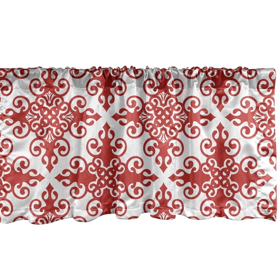 Ambesonne Red Window Valance, Western Style Floral Scroll Motif Swirled Lines Antique Royal Ornament with Framework, Curtain Valance for Kitchen Bedroom Decor with Rod Pocket, 54" X 18", Red White