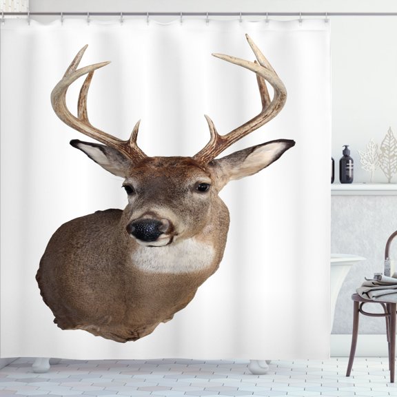 Ambesonne Reindeer Shower Curtain, Deer and Antlers Portrait, 69"Wx70"L, Umber and Beige
