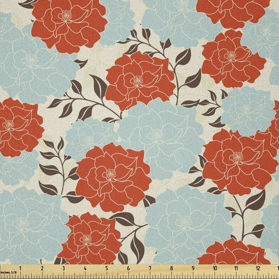 Ambesonne Renaissance Fabric by the Yard Microfiber, Flourishing Bouquet, 3 Yards, Pale Blue Vermilion