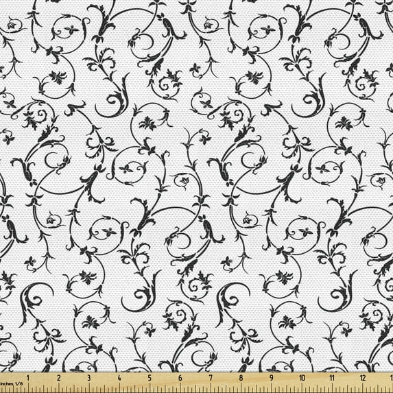 Ambesonne Renaissance Fabric by the Yard Upholstery, Classic Ivy Swirl Leaf, 5 Yards, Black and White