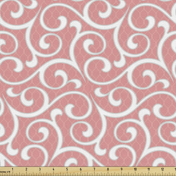 Ambesonne Renaissance Fabric by the Yard Upholstery, Pastel Classical Swirls, 5 Yards, Pink White