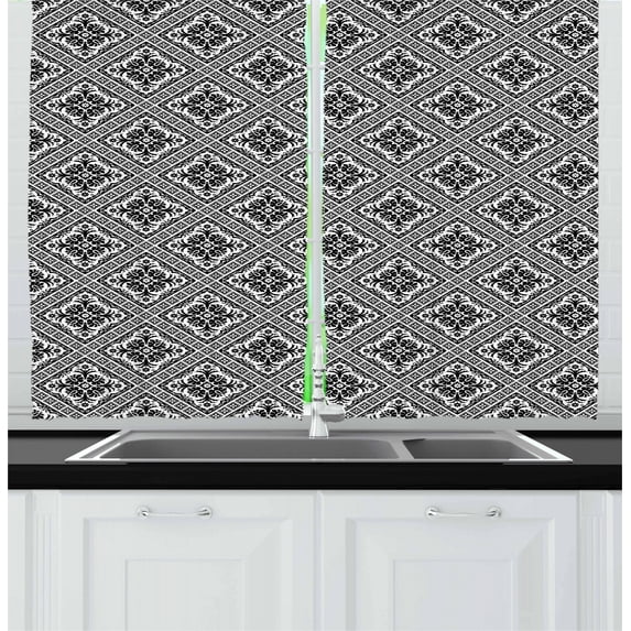 Ambesonne Renaissance Kitchen Curtains, Victorian Floral Damask, 55"x39", Black and White