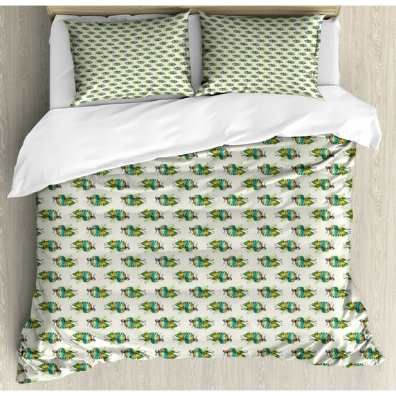 Ambesonne Reptile Duvet Cover Set, Exotic Colorful Chameleons, King, Green and Eggshell