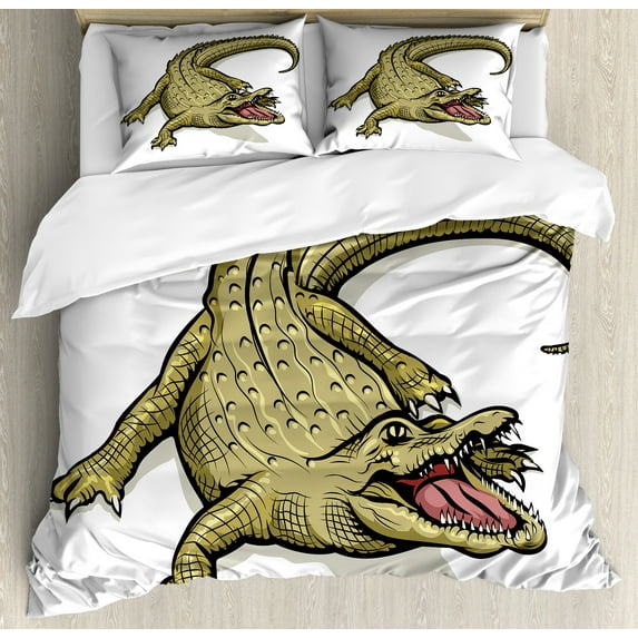 Ambesonne Reptile Duvet Cover Sets, Exotic Wild Crocodile Theme, 2-Queen, White Navy