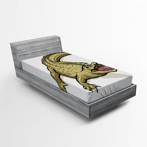 Ambesonne Reptile Fitted Sheet, Exotic Wild Crocodile Theme, Twin Size, White Navy